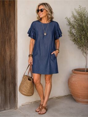 NYC Blue Chambray Style Shift Dress w/Pockets Size Large